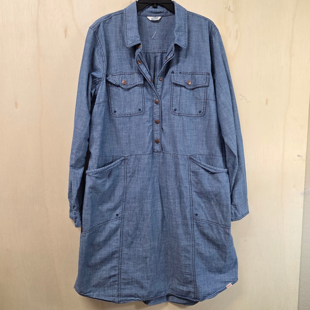 Duluth Trading Co Blue Chambray Roll Tab Sleeve Utility Shirt Dress Womens XL